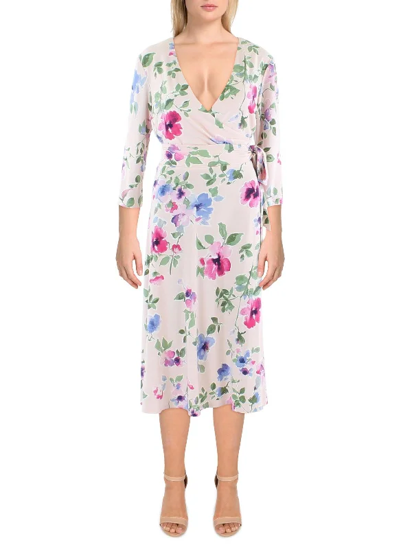 Midi dress with drawstring waist-Womens Floral Surplice Midi Dress