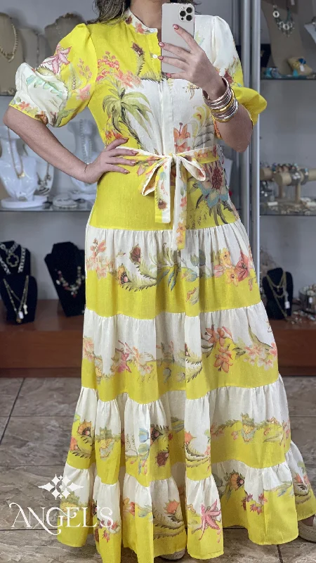 Maxi dress with retro vibe-Yellow Floral Maxi Dress