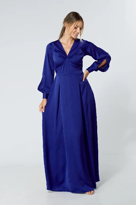 Maxi dress with cool tones-Delilah Cobalt Blue Satin Maxi Dress