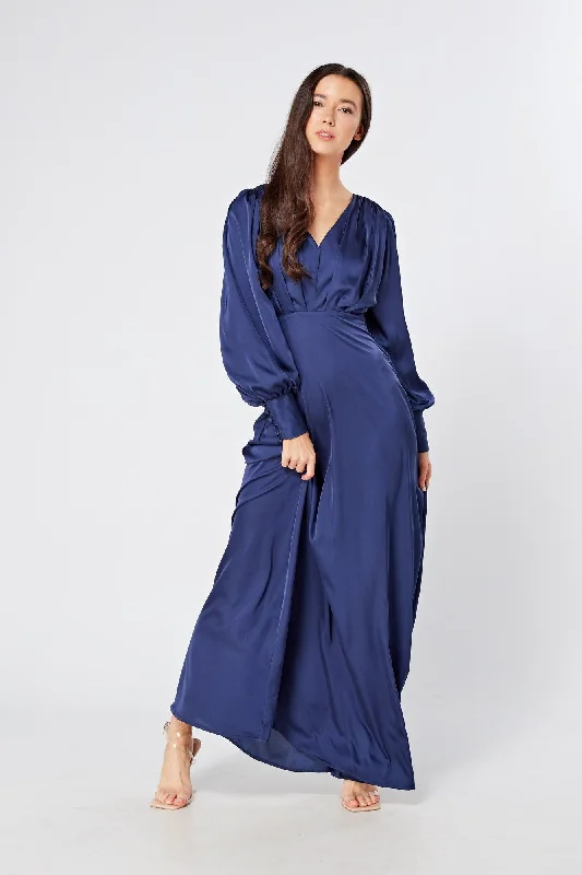 Maxi dress with elastic waistband-Afina Dark Blue Satin Maxi Dress