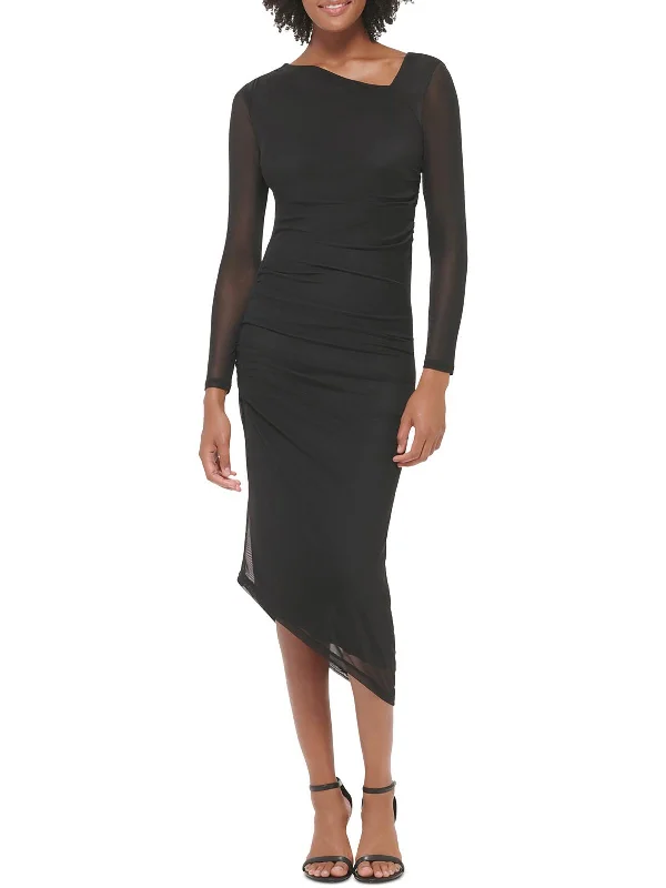 Midi dress with ruffled hem-Womens Sheer Midi Bodycon Dress