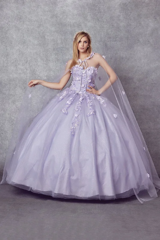 3D Floral Strapless Cape Ball Gown by Juliet 1435