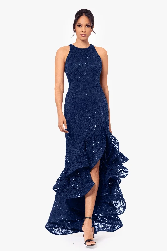 "Laurel" Sequin Lace Ruffle Slit Gown