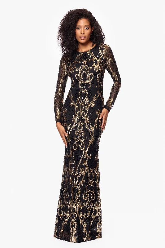 "Nara" Long Sleeve Sequin Placement Gown