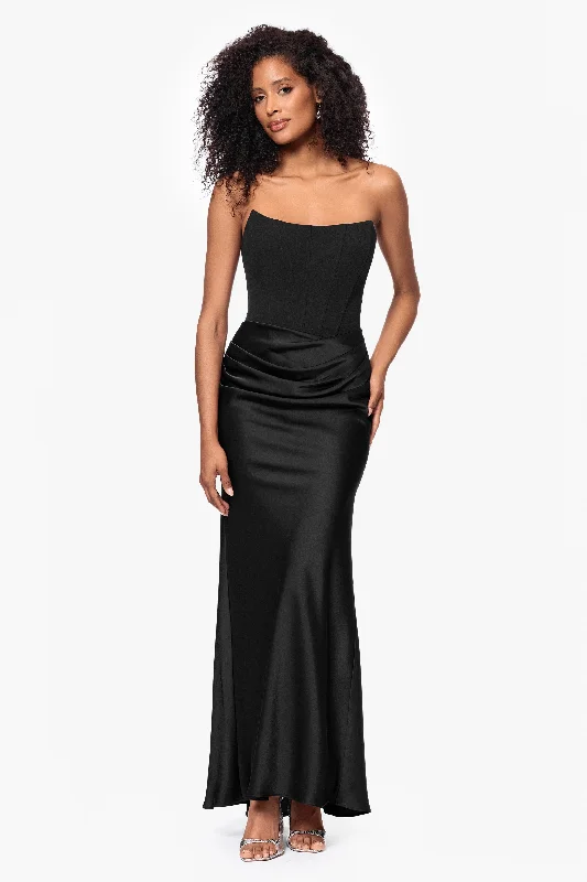 "Debra" Long Strapless Scuba Crepe and Satin Gown