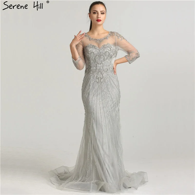 Sale Beading Sequined Tulle Evening Dress Transparent Long Sleeves Mermaid Evening Gown LA6395