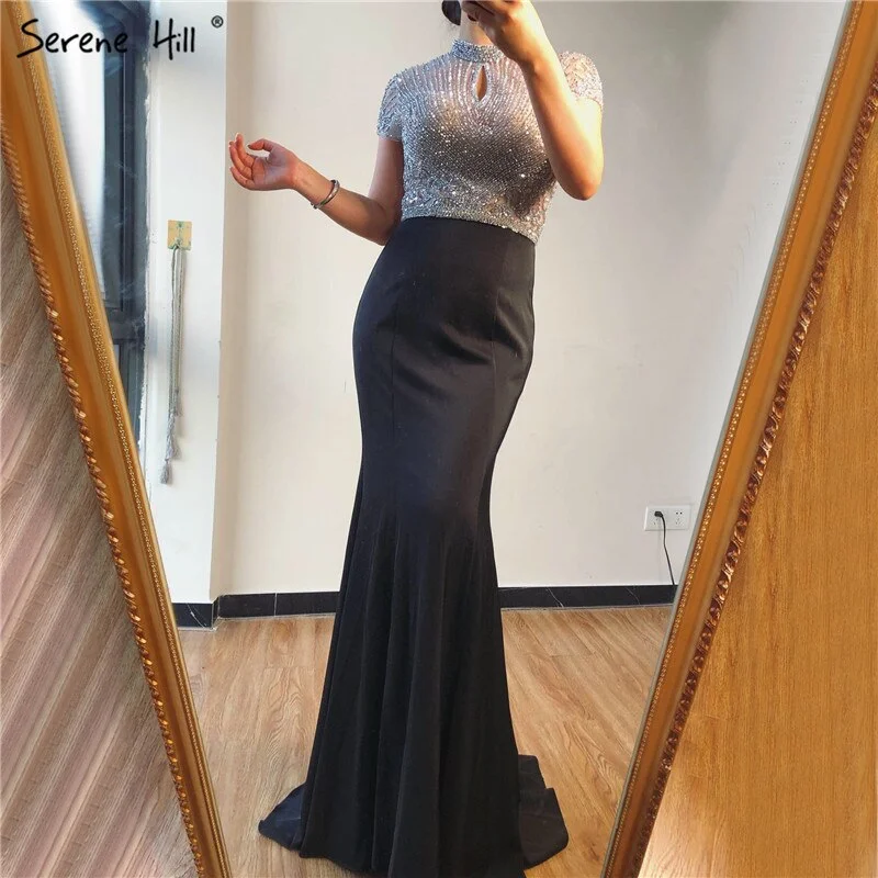 Sale Black High Neck Satin Mermaid Evening Dresses 2024 Beading Crystal Short Sleeves Sexy Evening Gowns Serene Hill LA70162