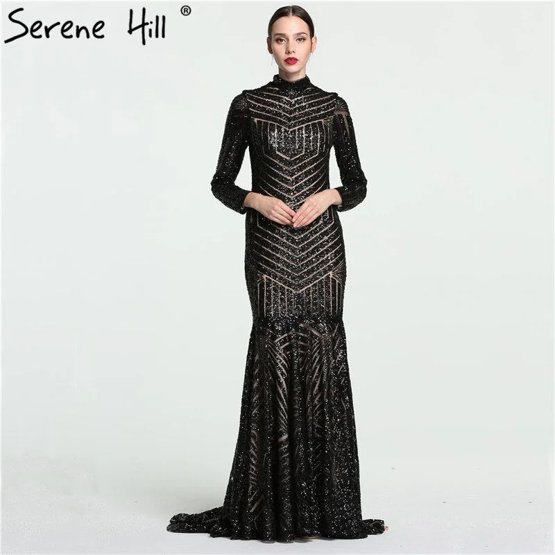 Sale Black Mermaid High Neck Luxury Evening Dresses Sequined Long Sleeves Formal Evening Gowns 2024  Serene Hill LA6090