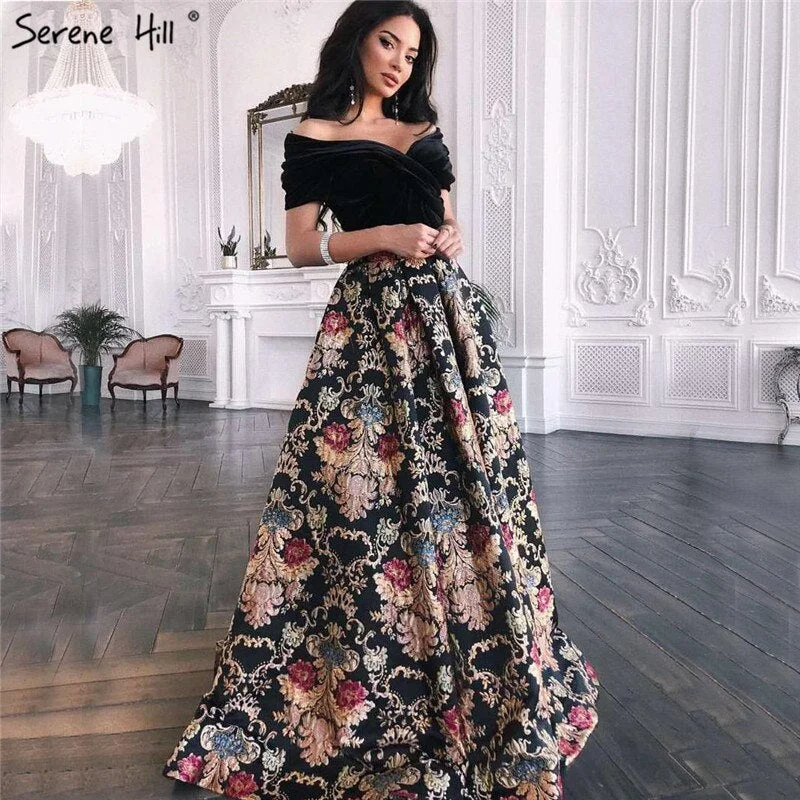 Sale Black Off Shoulder 3D Flowers Evening Dresses 2024 Short Sleeve A-Line Sexy Formal Dress Serene Hill LA70016