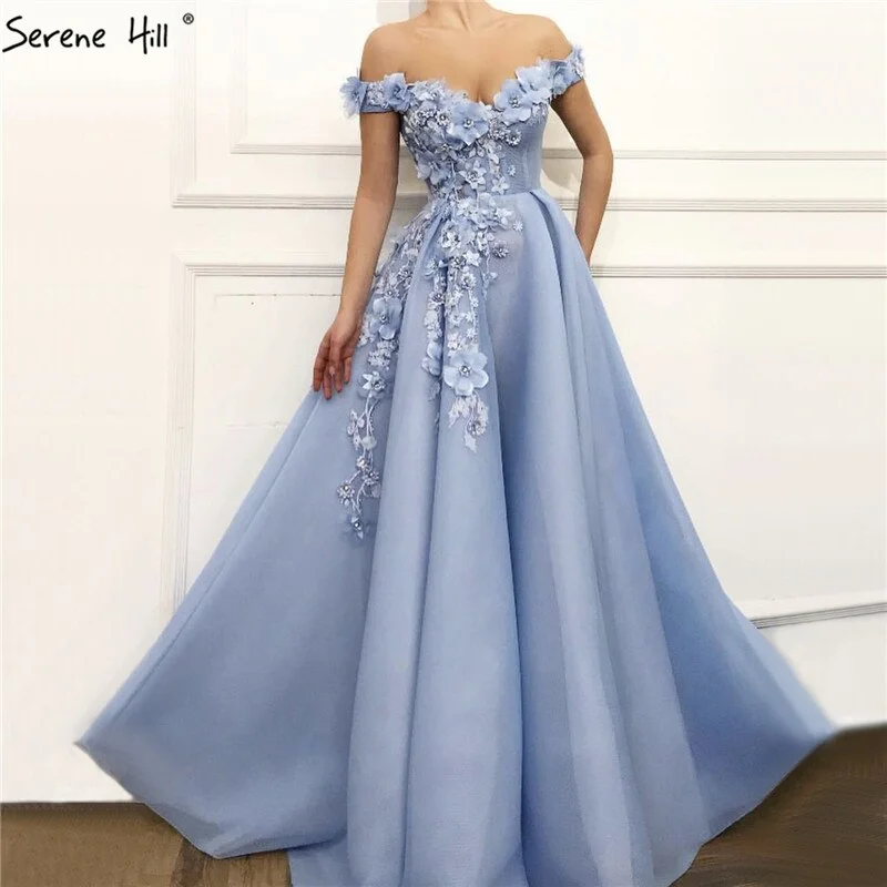 Sale Blue Off  Shoulder Sexy Beach Evening Dresses Handmade Flowers Pearls Sleeveless Evening Gowns 2024 Serene Hill LA60868