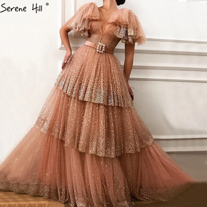 Sale Blush Pink V-Neck Sexy Sparkle Evening Dresses 2024 A-Line Tiered Sequined Tulle Evening Gowns Serene Hill LA60765