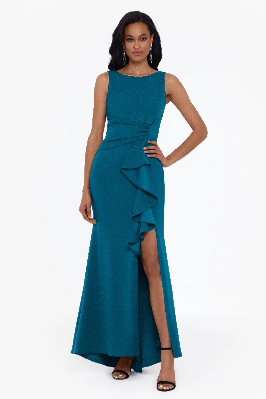 "Christine" Scuba Crepe Ruffled Bow Gown