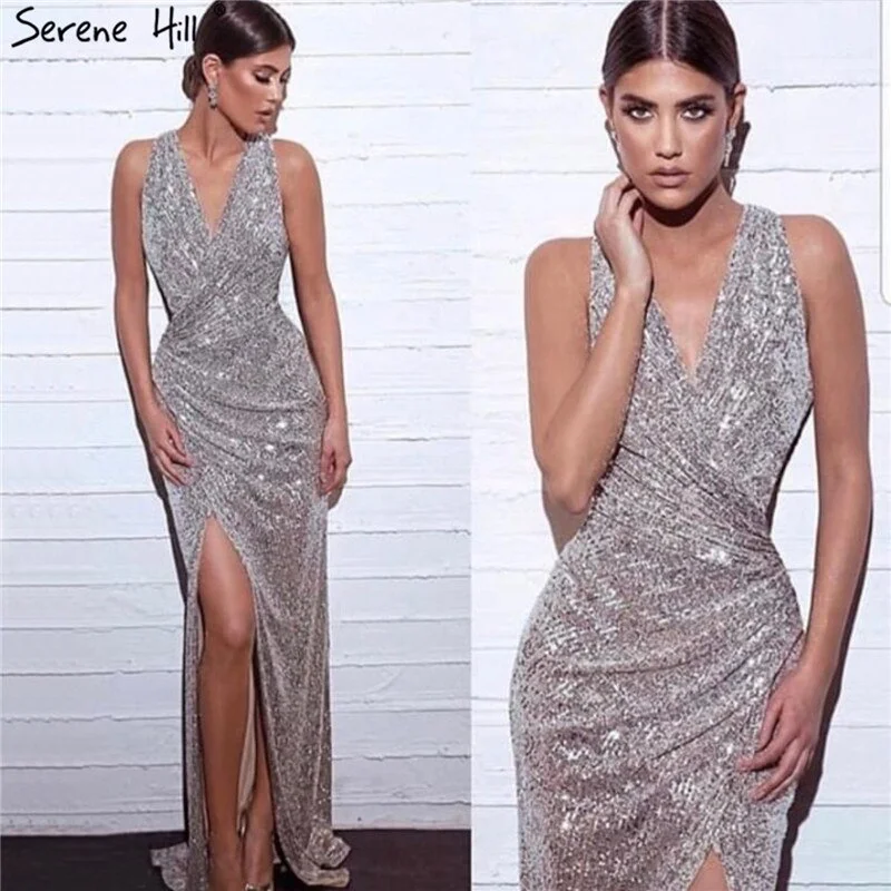 Sale Dubai Design Silver Deep-V Luxury Evening Dresses Sequined Mermaid Sexy Formal Dress 2024 Serene Hill LA70052