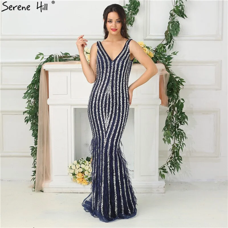 Sale Dubai Designer Luxury Blue Sexy Evening Dresses 2024 Deep-V Backless Diamond Beading Evening Gowns Real Photo LA6585