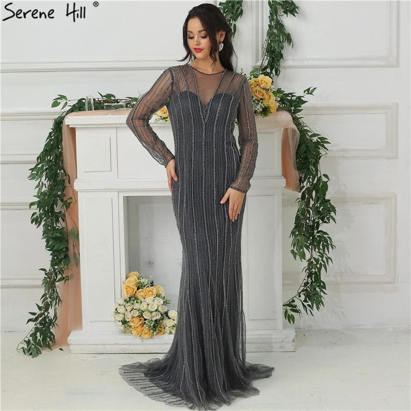 Sale Dubai New Gold Fashion Mermaid Evening Dresses 2024 Long Sleeves Beading Sexy Luxury Evening Party Dress LA6629