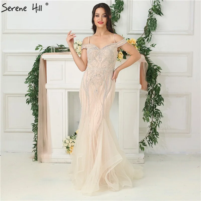 Sale Dubai Nude Boat Neck Luxury Sexy Evening Dresses  Diamond Pearls Off Shoulder Evening Gowns 2024 Real Photo LA6696