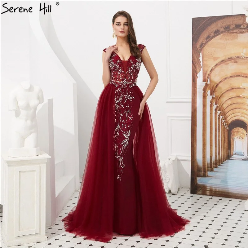 Sale Dubai Wine Red Crystal Beading Evening Dresses 2024 Backless Sexy Mermaid Fromal Evening Gowns Serene Hill LA60805