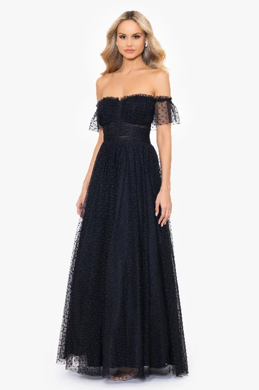 "Edie" Dot Mesh Off the Shoulder Ballgown