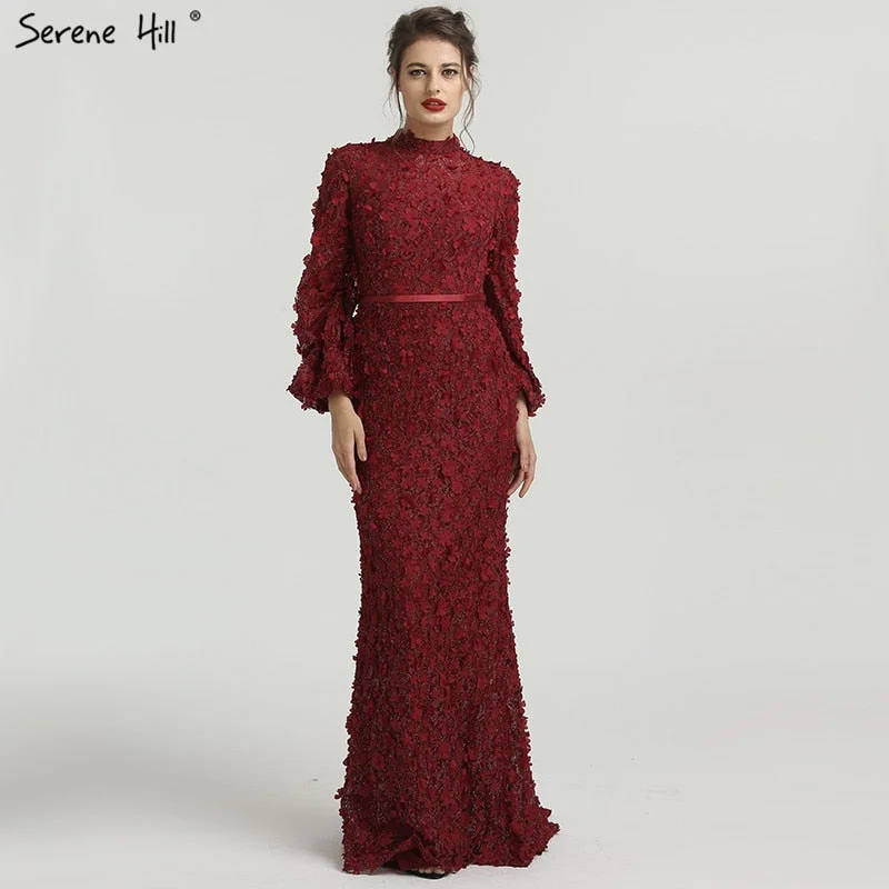 Sale Flowers Pearls Long Sleeves Mermaid Evening Dresses Muslim Fashion Elegant  Formal Dress 2024 Serene Hill Plus Size LA6293