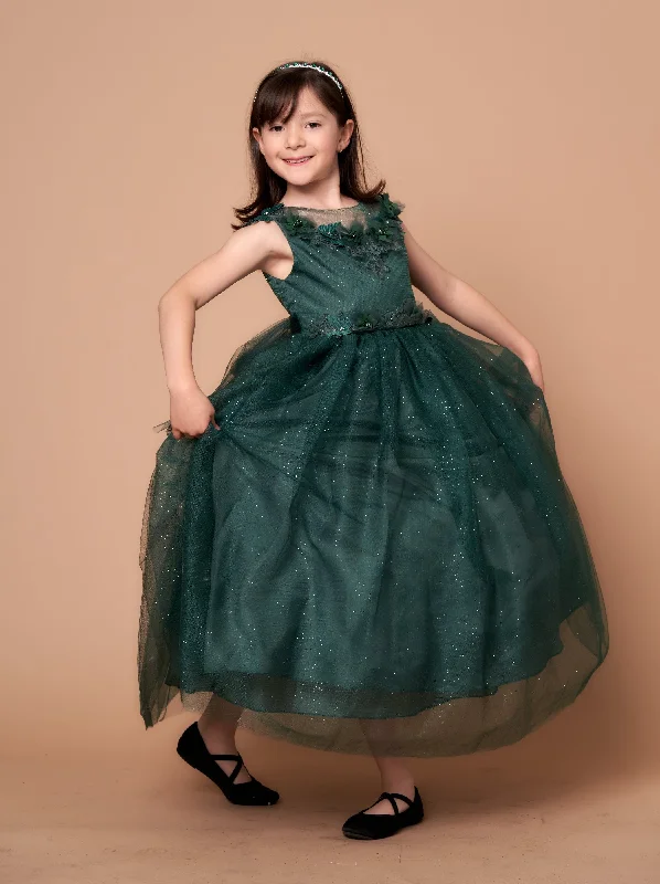 Girls 3D Floral Sleeveless Tulle Gown by Calla D816