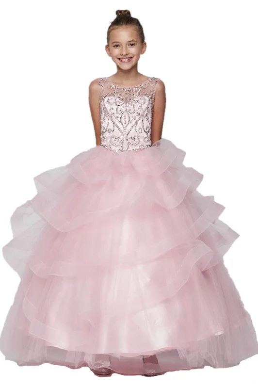 Girls Beaded Illusion Sleeveless Ball Gown with Layered Skirt 8003