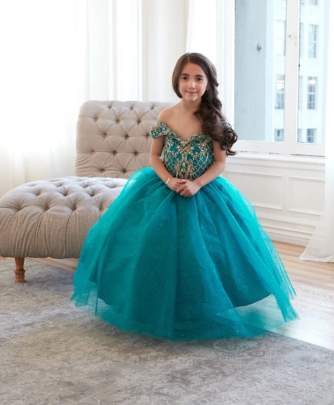 Girls Beaded Off Shoulder Tulle Gown by Calla KY232