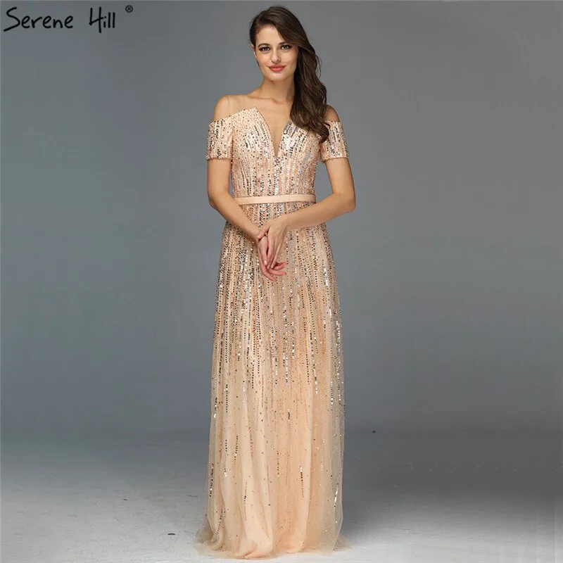 Sale Gold Luxury Sexy V-Neck Evening Dressese 2024 Short Sleeve Beading Sequined A-Line Evening Gowns Serene Hill LA70151