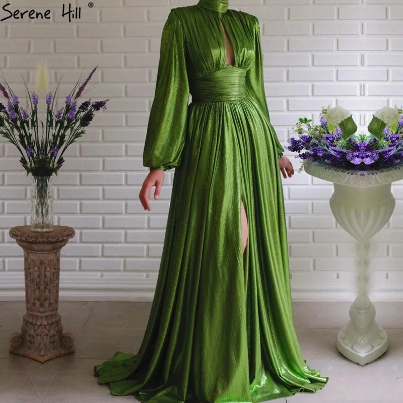 Sale Green Satin A-Line Sexy Simple Evening Dresses 2024 Long Sleeves Silk Formal Evening Gowns Serene Hill LA70554