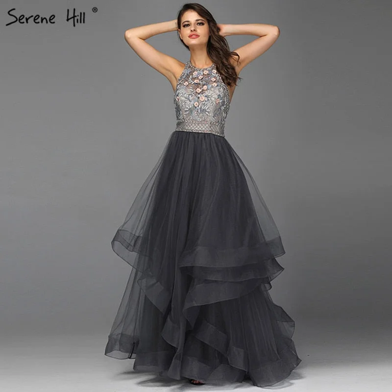 Sale Grey Sleeveless Sexy A-Line Evening Dresses Design 2024 Backless Beading Crystal Evening Gowns Real Photo LA70144