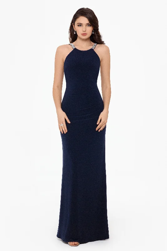 "Jayleen" High Neck Side Ruched Stretch Knit Gown