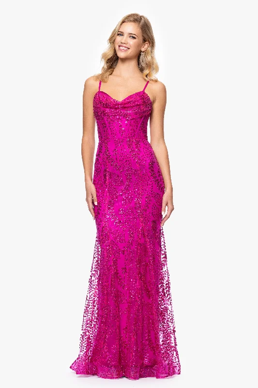 "Marissa" Long Glitter Mesh Lace Up Back Gown