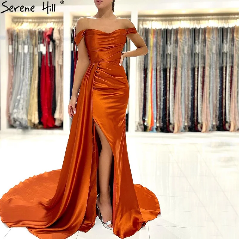 Orange Simple Mermaid High Split Evening Dresses Gowns 2024 Satin Elegant Sexy For Women Party LA71422 Serene Hill