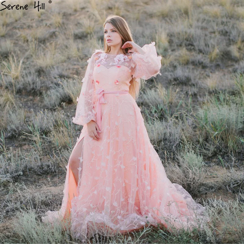 Peach Long Sleeves Handmade Flowers Evening Dresses LA6496