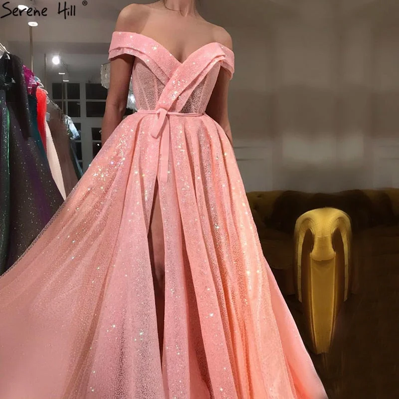 Peach Pink Luxury Sparkle Tulle Evening Dresses LA6505