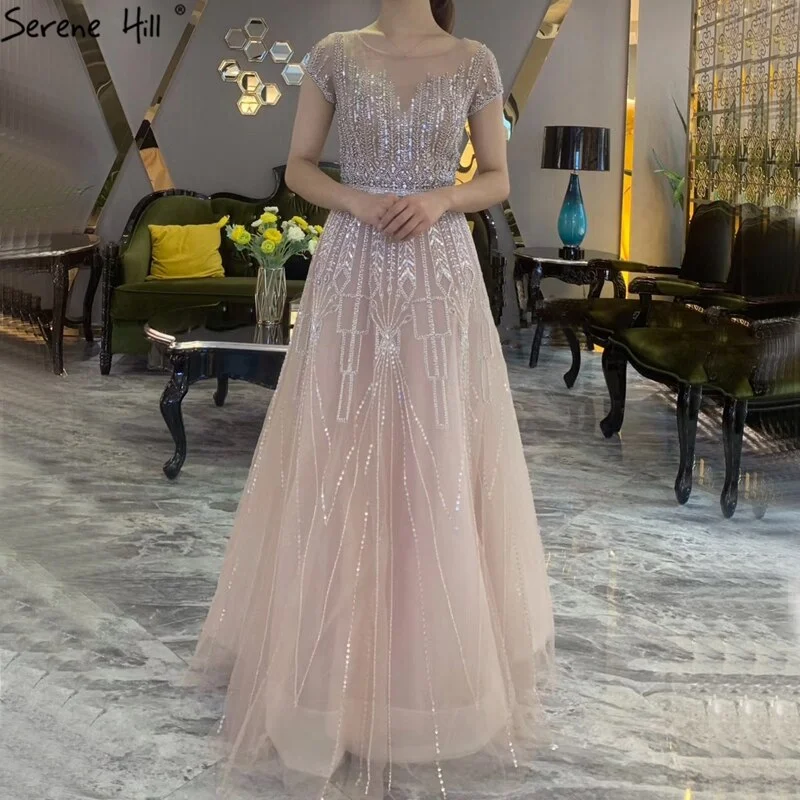 Pink A-Line Luxury Beading Sparkle Evening Dresses 2024 Dubai O-Neck Cap Sleeves Formal Dress Serene Hill LA70580