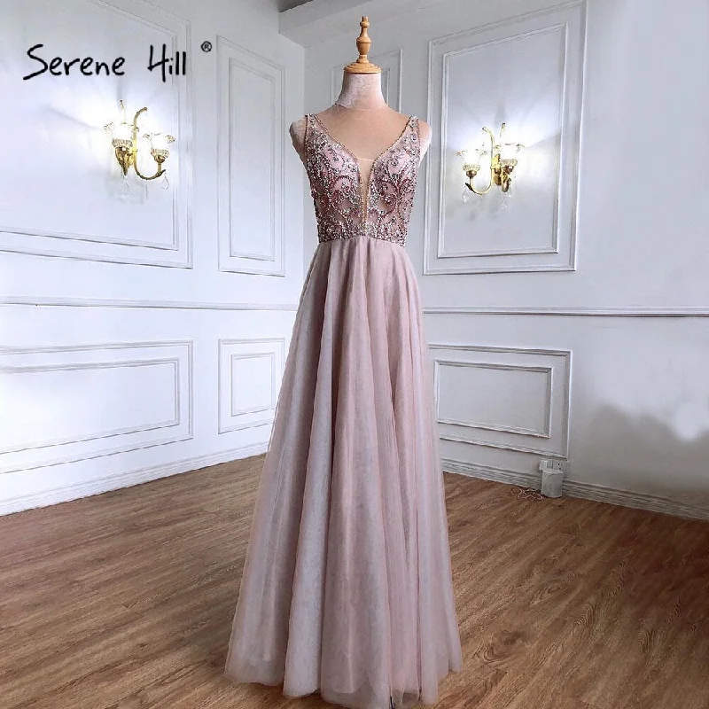 Pink Backless A-Line Evening Dresses Gowns 2024 Beaded Simple Sexy For Women Wedding Party LA71259 Serene Hill