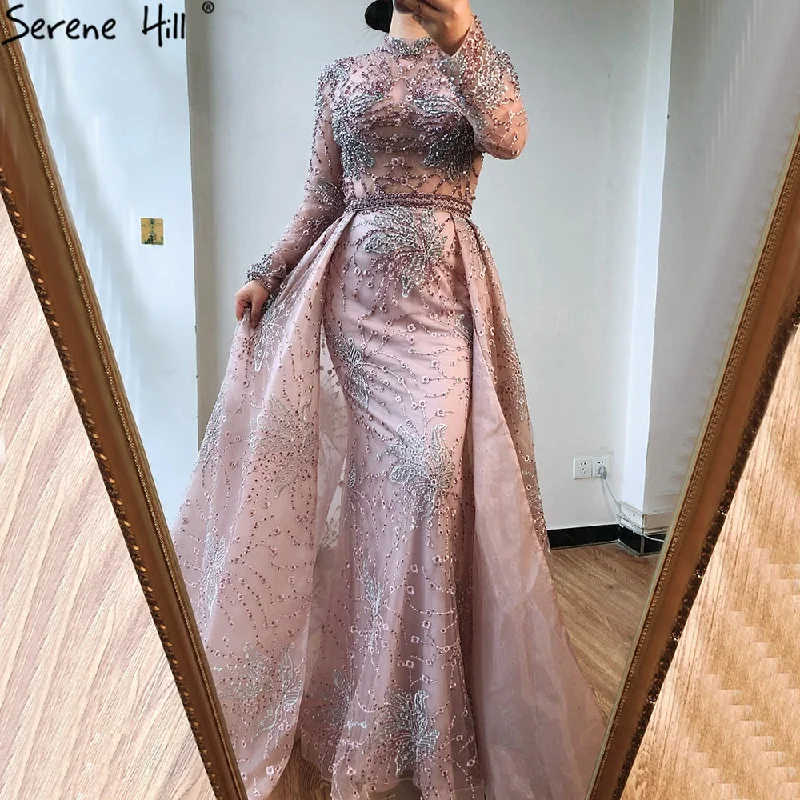 Pink Mermaid Crystal Long Sleeves Evening Dresses 2024 Dubai High Neck Sparkle Formal Dress Serene Hill LA70582