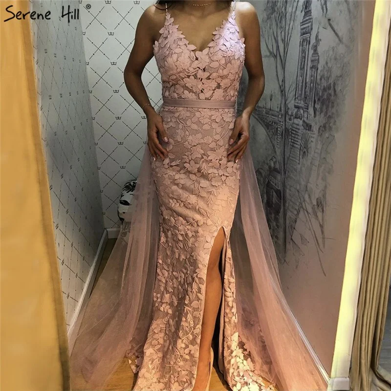 Pink Mermaid V-Neck Sexy Evening Dresses 2024 Handmade Flowers Sleeveless Tulle Formal Dress Serene Hill LA70431