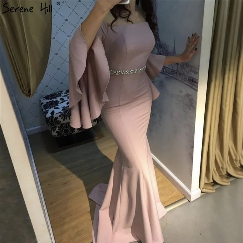 Sale Pink Off Shoulder Mermaid Sexy Evening Dressese Long Trumpet Sleeves Simple Evening Gowns 2024 Serene Hill LA70191