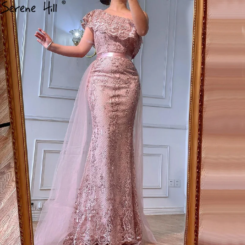 Pink One Shoulder Mermaid Sexy Evening Dresses 2024 Lace Pearls Sequins Elegant Formal Dress Serene Hill LA70386