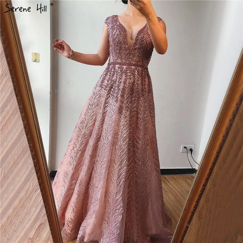 Pink V-Neck Evening Dresses Long 2024 Lace Beading Crystal Sleeveless A-Line Evening Gowns Serene Hill LA70225