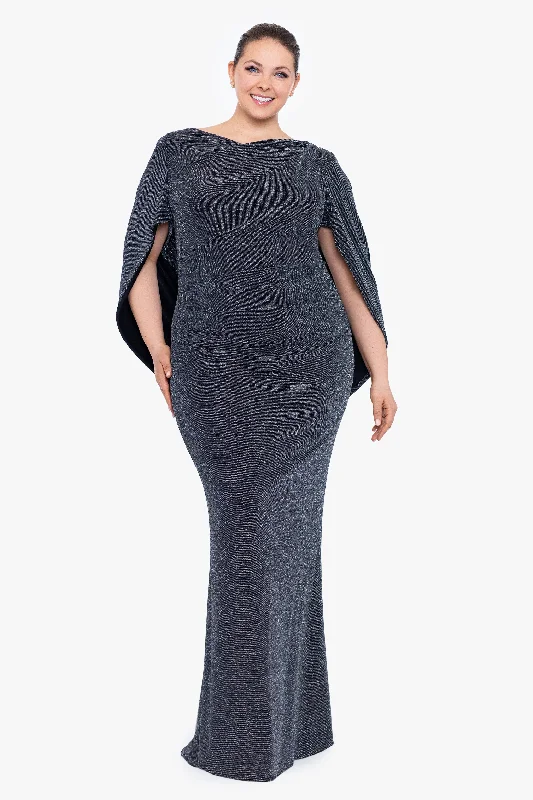 Plus "Jenna" Long Metallic Gown Draped Back