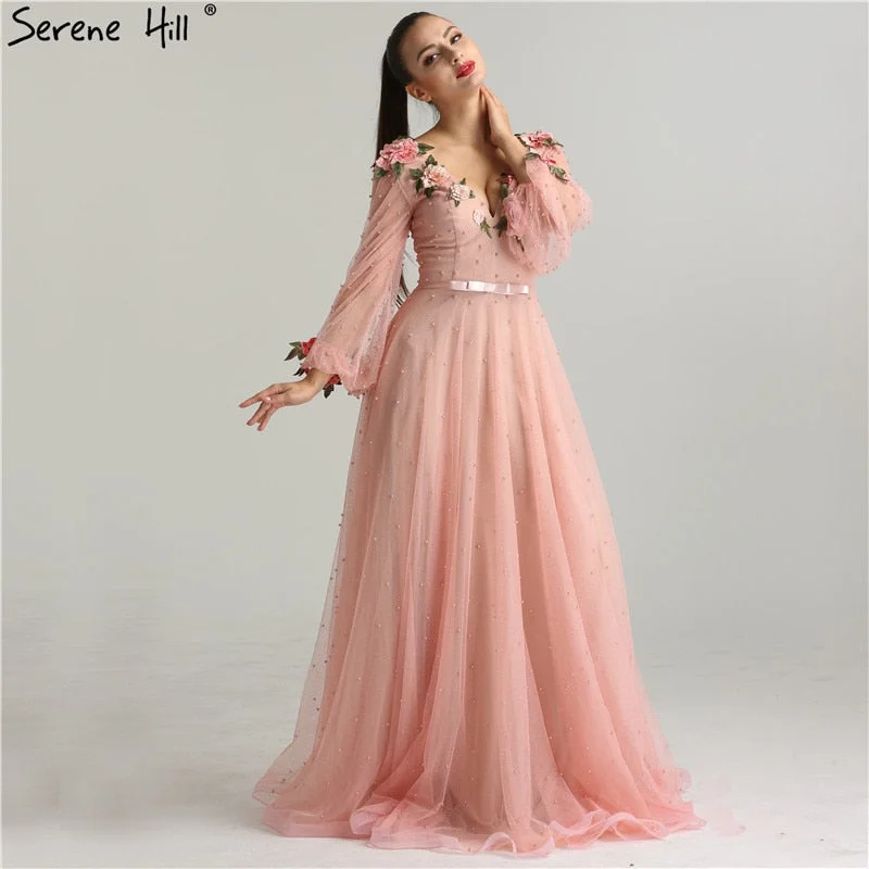 Princess Sexy Fashion  Lantern sleeve Peach  Pink Glitter  Pearls Flower  A-line Evening Dresses Fashion  Design Style   LA6342