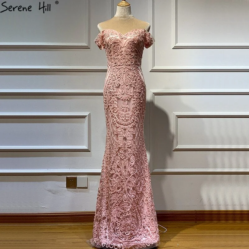 Real Photo Pink Sleeveless Pearls Diamond Evening Gowns 2024 Mermaid Off Shoulder Sexy Lace Evening Gowns LA60827