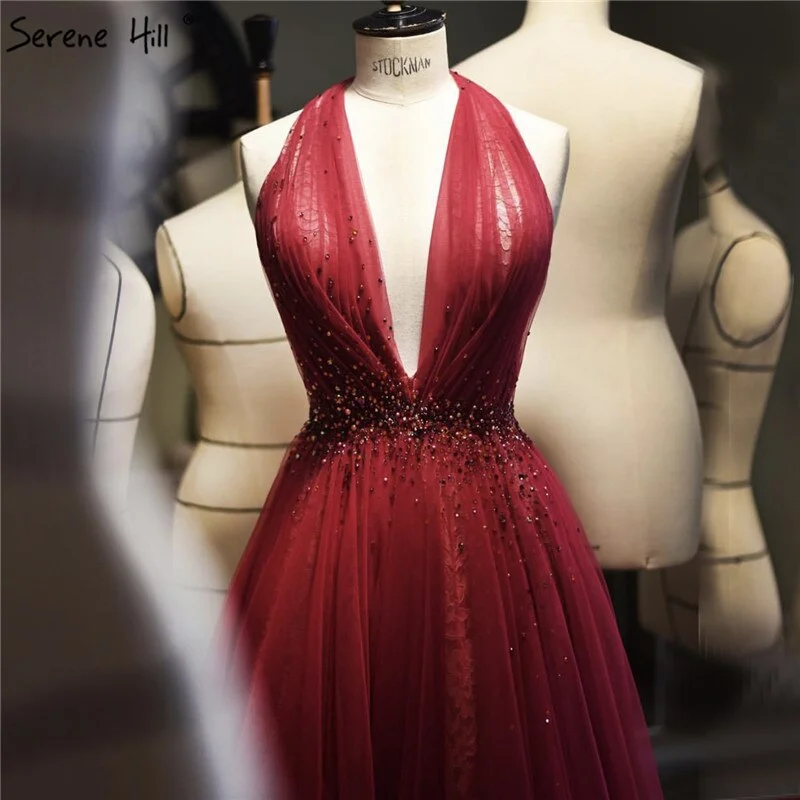 On Sale no return no refundSale Red Halter Sexy Sleeveless Evening Dresses 2024 Crystal A-Line Tulle Formal Dress Design Serene Hill LA70348