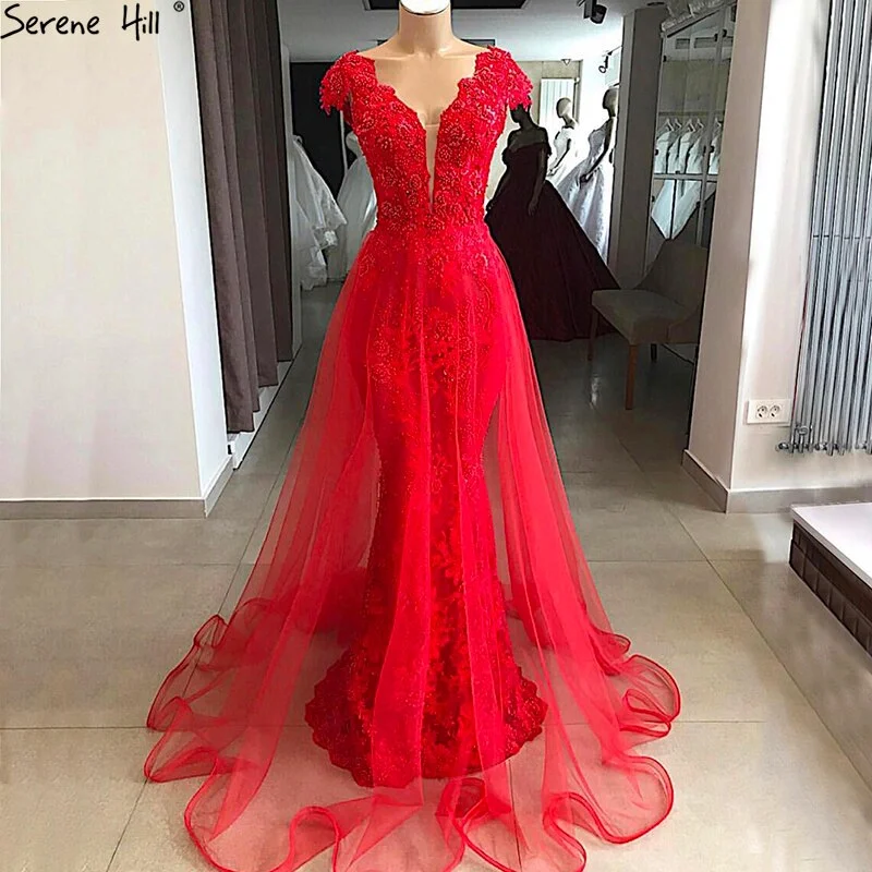 On Sale no return no refundSale Red Lace Pearls V-Neck Evening Dresses Design 2024 Cap Sleeve Sexy Mermaid Formal Dress Serene Hill LA6604