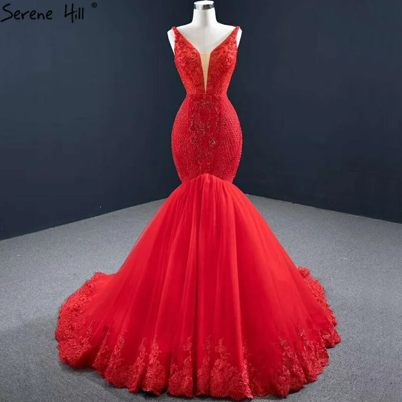 Red Mermaid Sexy Sleeveless Evening Dresses 2024 V-Neck Beading Crystal Lace Formal Dress Serene Hill HM67151