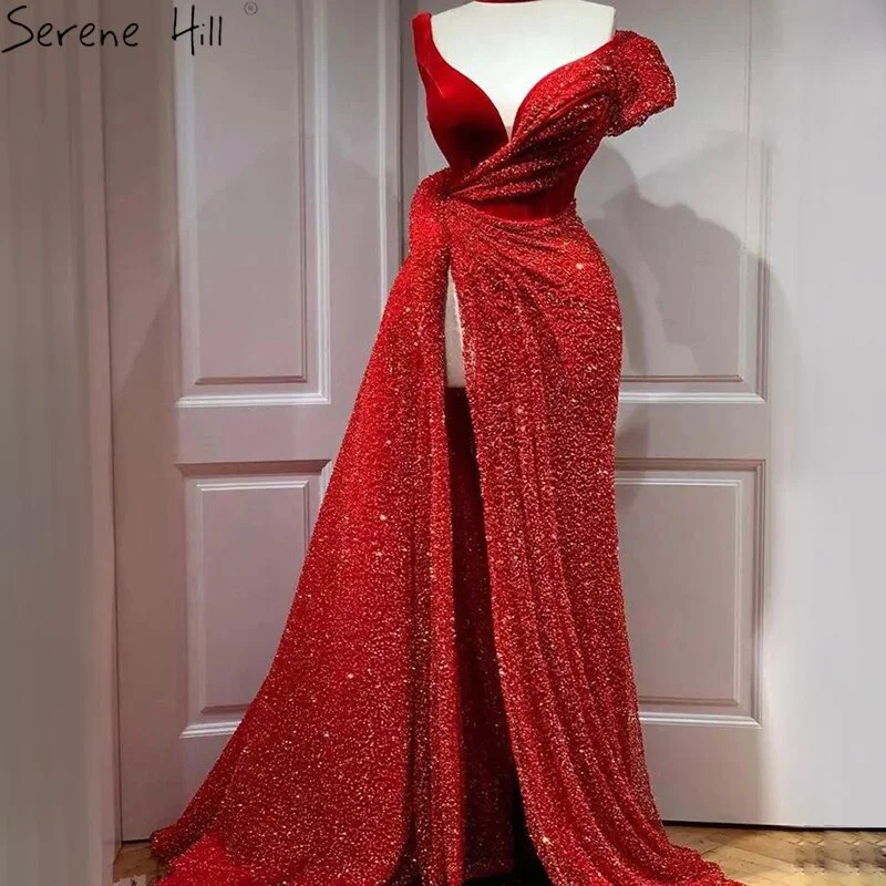 Sale Red One Shoulder Luxury Dubai Evening Dresses Long 2024 Sleeveless Sexy Beaded Sequins Formal Dress Serene Hill LA70416