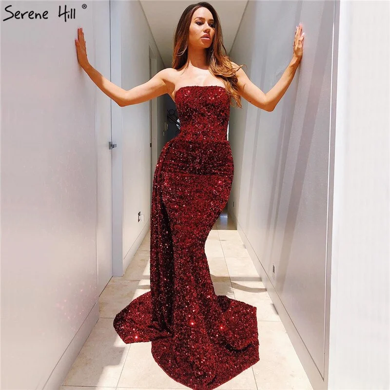 Red Strapless Luxury Sexy Evening Dresses 2024 Dubai Design Off Shoulder Lace Up Formal Dress Serene Hill LA70304