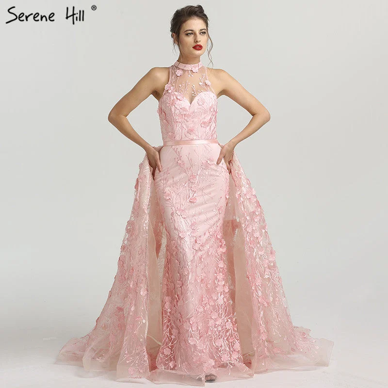 Romantic Pink Flowers Lace Evening Dresses Sleeveless LA6109